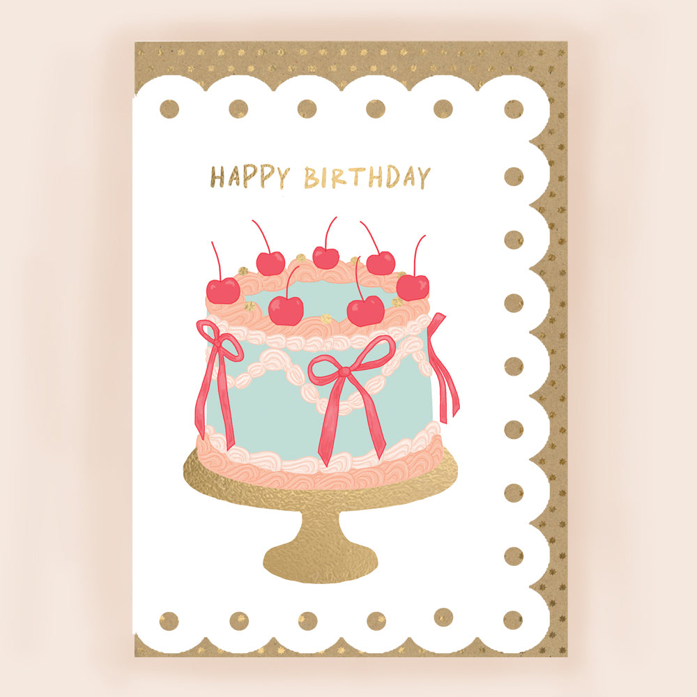 BR025-Apple & Clover-Cherry Cake Birthday Card With Broderie Border-Card-Broderie