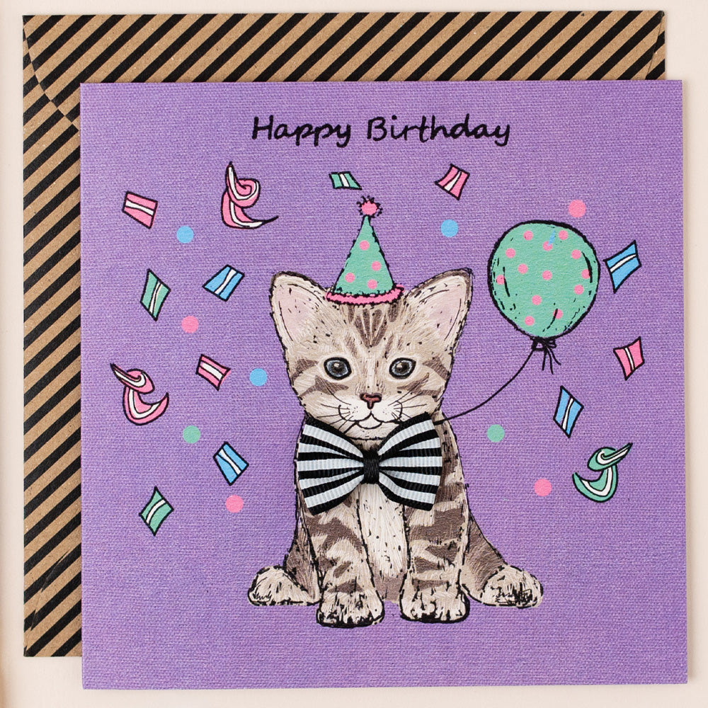 KM024-Apple & Clover-Birthday Tabby Cat Card Purple-Card-Kaleidoscope