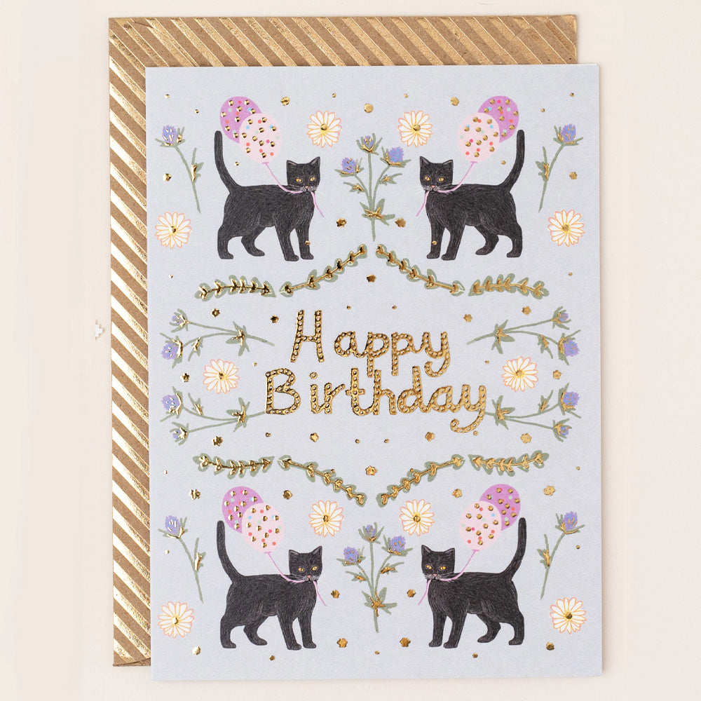 RE071-Apple & Clover-Birthday Black Cat And Flowers Card-Card-Reflections