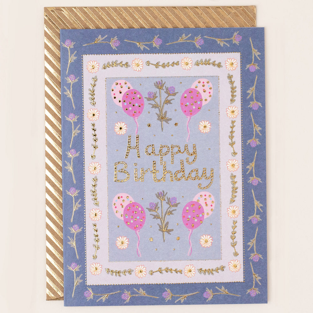 RE075-Apple & Clover-Birthday Blue Floral Border With Balloons Card-Card-Reflections