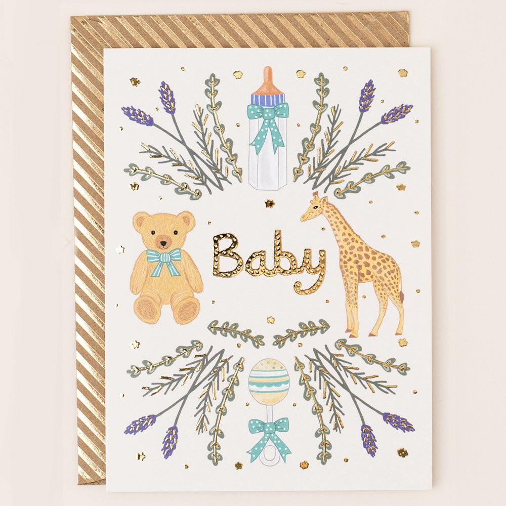 RE078-Apple & Clover-Baby Card With Giraffe And Bear-Card-