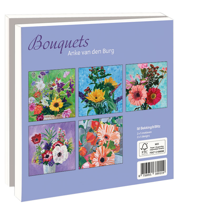 WMC1377-Bekking & Blitz-10 X Card Folder With Envelopes 5 Designs Square: Bouquets Anke Van Den Burg-Notewallet-