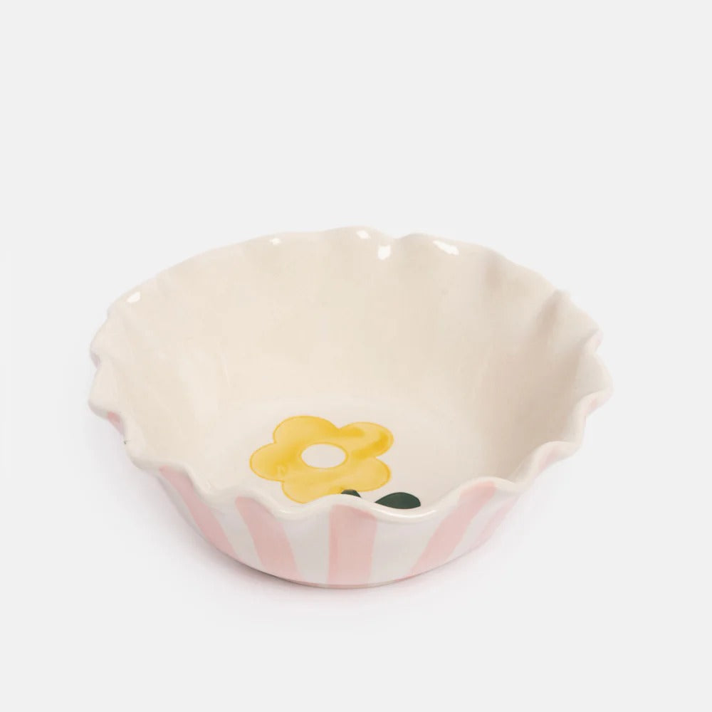 BWL100-Caroline G-Pink Outside Stripe /Yellow Flower Frilly Bowl-Bowl-At Home