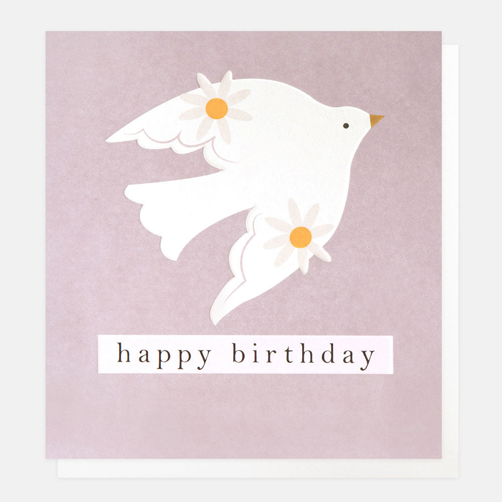 GEO006-Caroline G-Happy Birthday White Bird With Flowers On Lilac-Card-Geometric