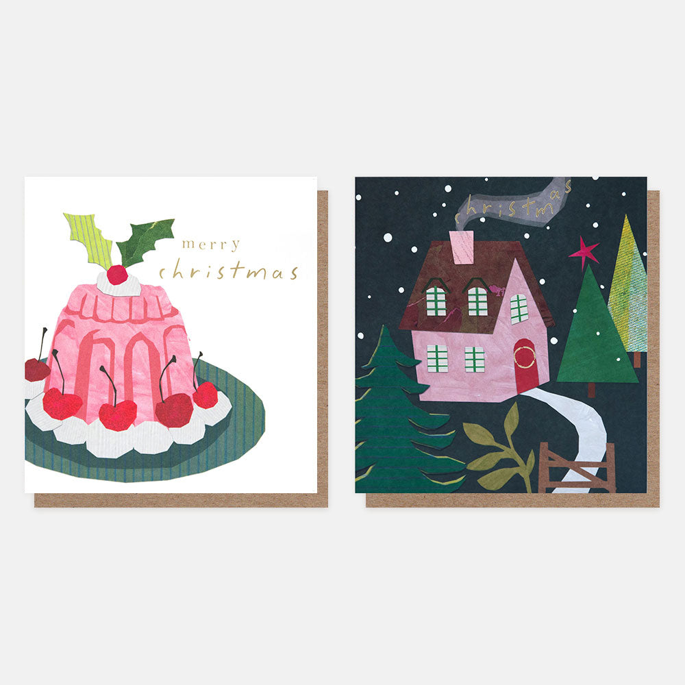 MDX058-Caroline G-Pink Blancmange/Collage House� Mixed Pack-Xmas Card Pack-