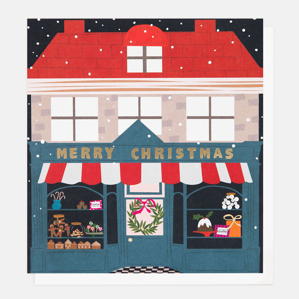 PNT625-Caroline G-Shop Front Snowy Night Merry Christmas-Xmas Card Pack-