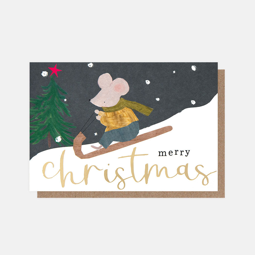 PQX214-Caroline G-Sledding Mouse Merry Christmas-Xmas Card Pack-