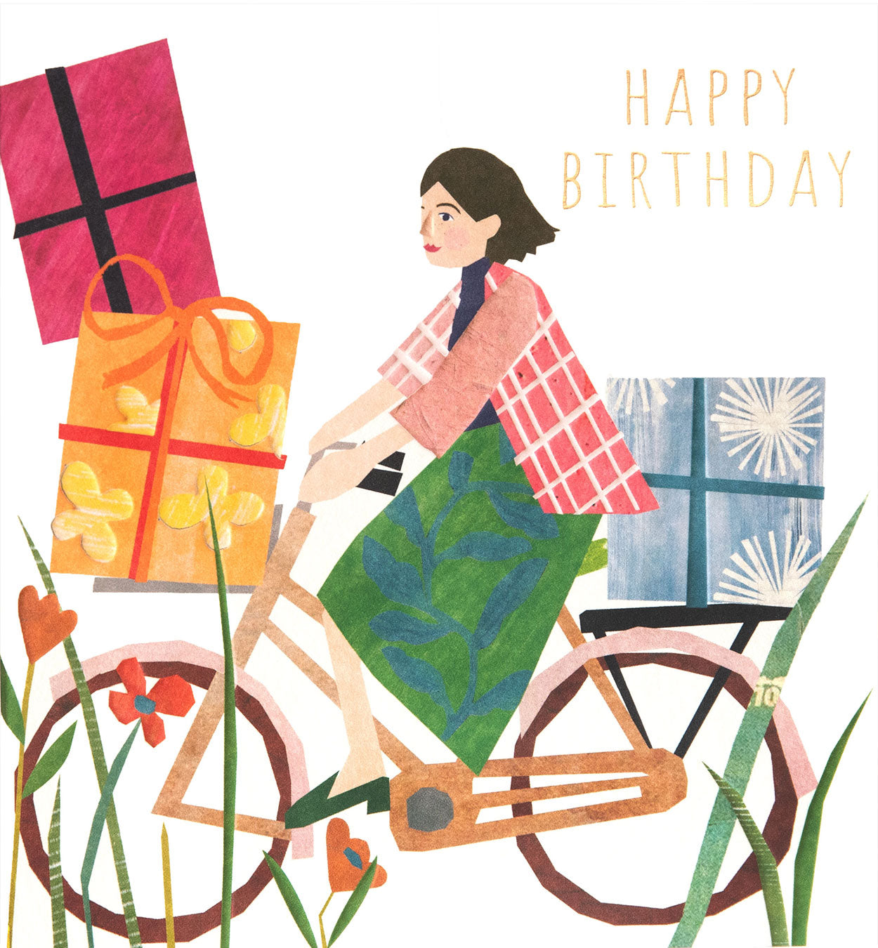 PRC003-Caroline G-Happy Birthday Collage Lady On Bike With Presents-Card-