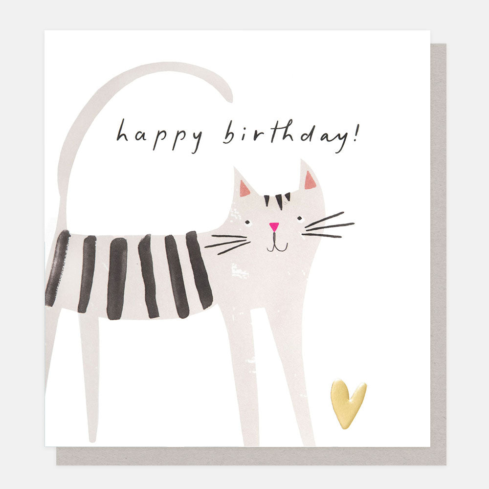 SHW013-Caroline G-Happy Birthday! Grey Stripey Cat With Heart-Card-Showtime
