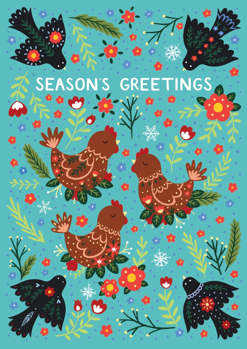 12D003-Pear Tree Press-French Hens & Birds-Xmas Card-12 Days Collection