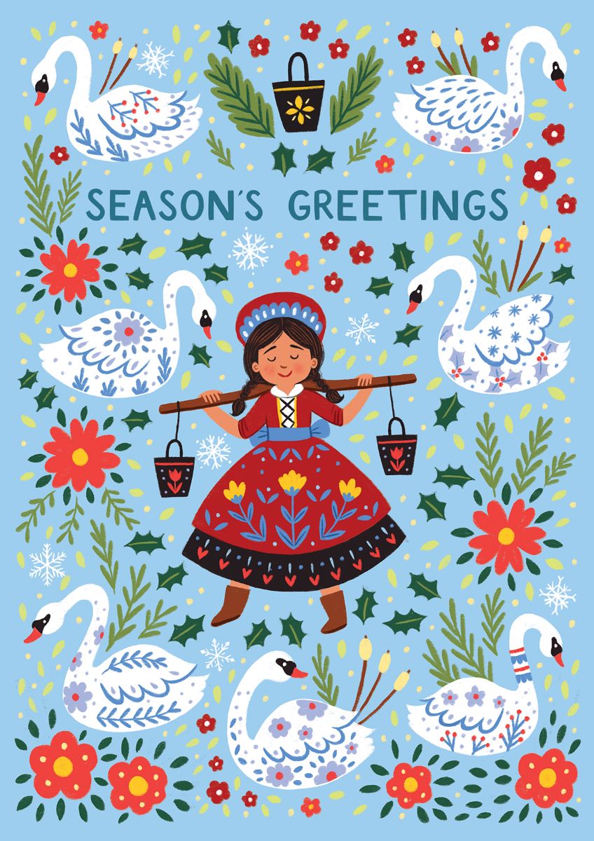 12D005-Pear Tree Press-Swans & Maids-Xmas Card-12 Days Collection