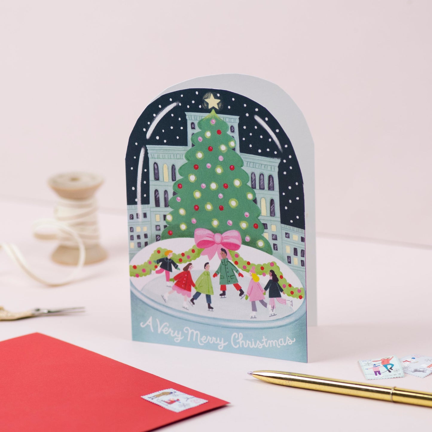 C214-Ricicle Cards-City Skating Snowglobe-Xmas Card-Jacqui Lee