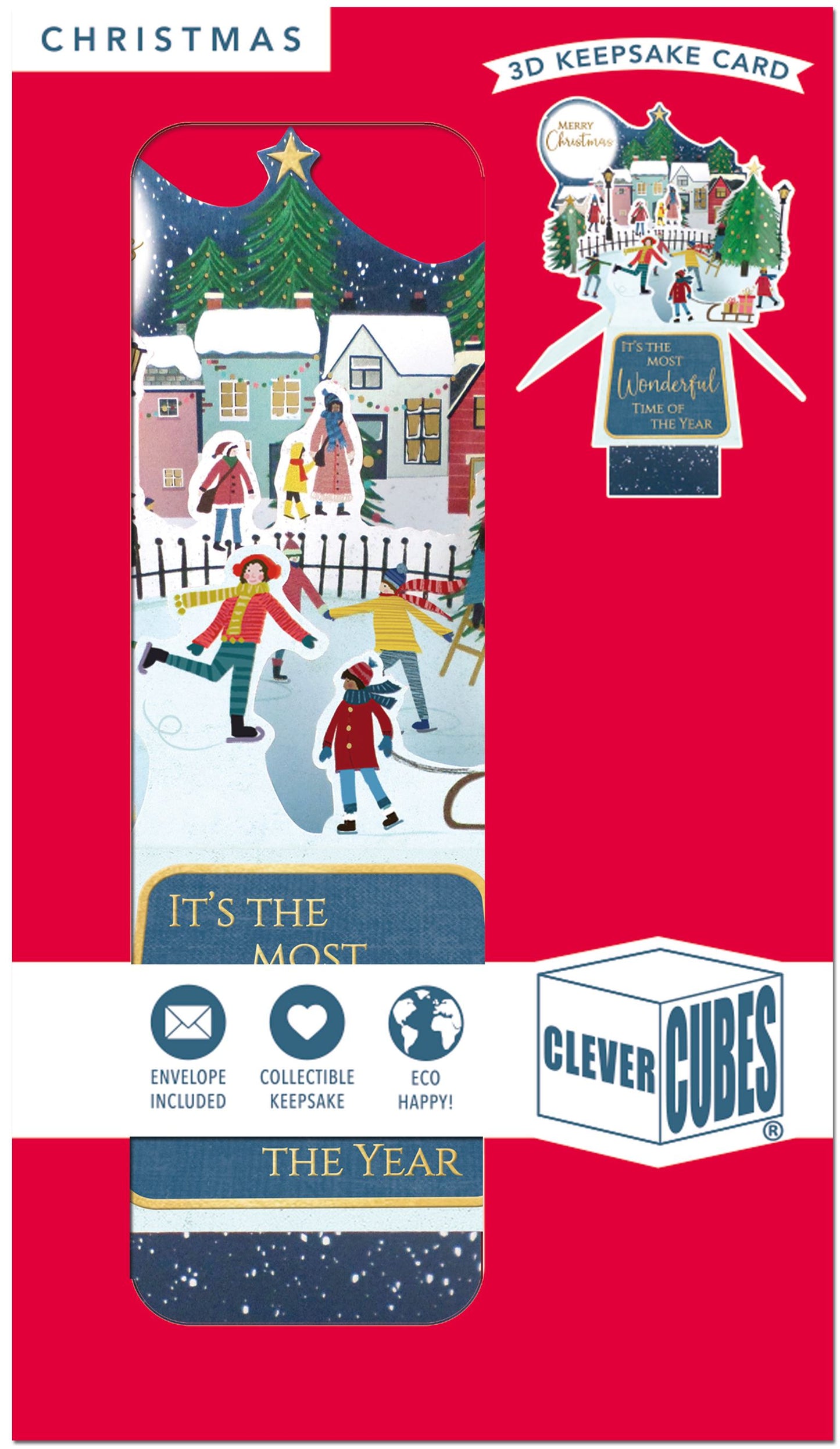 XCU008-Second Nature-Village Scene With Skaters 3D-Xmas Card-Clever Cubes
