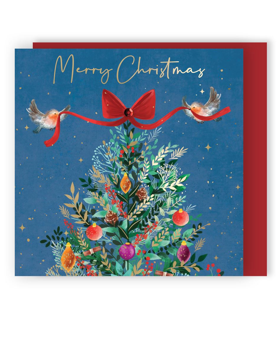 XLSB096-Second Nature-Xmas Tree & Robins 6Pk-Xmas Card Pack-Sparkle