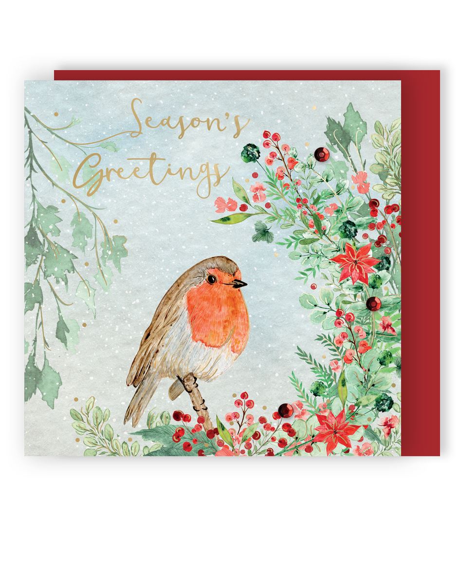 XLSB097-Second Nature-Robin On Branch 6Pk-Xmas Card Pack-Sparkle