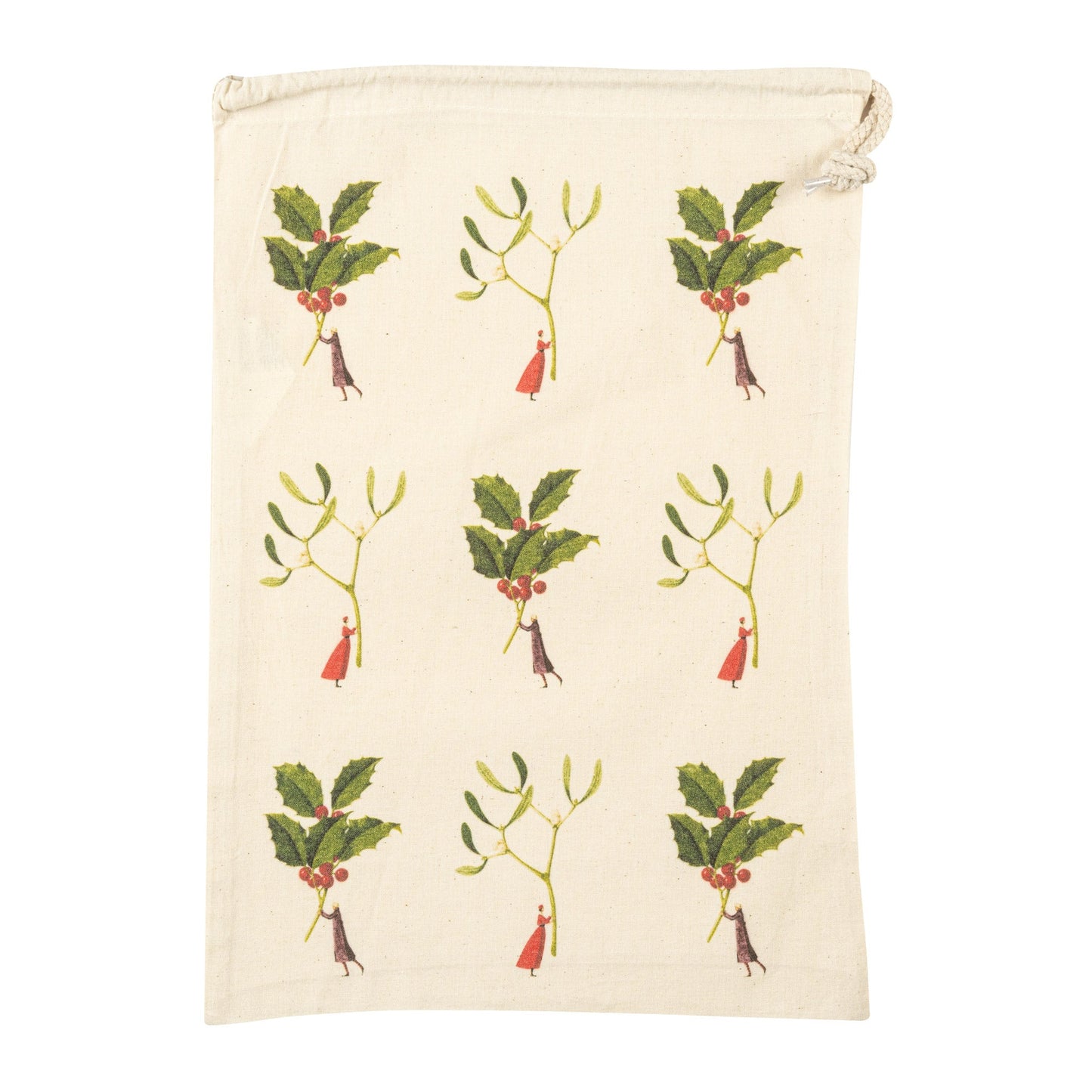 HC033-Laura Stoddart-Holly & Mistletoe-Xmas Gift Bag-Medium Drawstring Bag 30 X 44.5 Cm