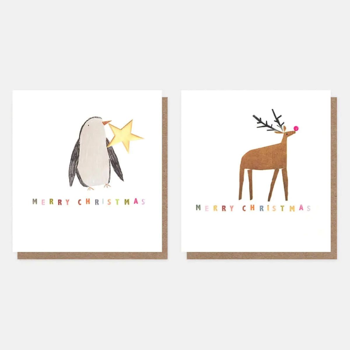 MDX043-Caroline G-Penguin W/Star & Reindeer Colourful Text Mixed Charity Pack-Xmas Card Pack-8 Pack 2 X 4 Designs