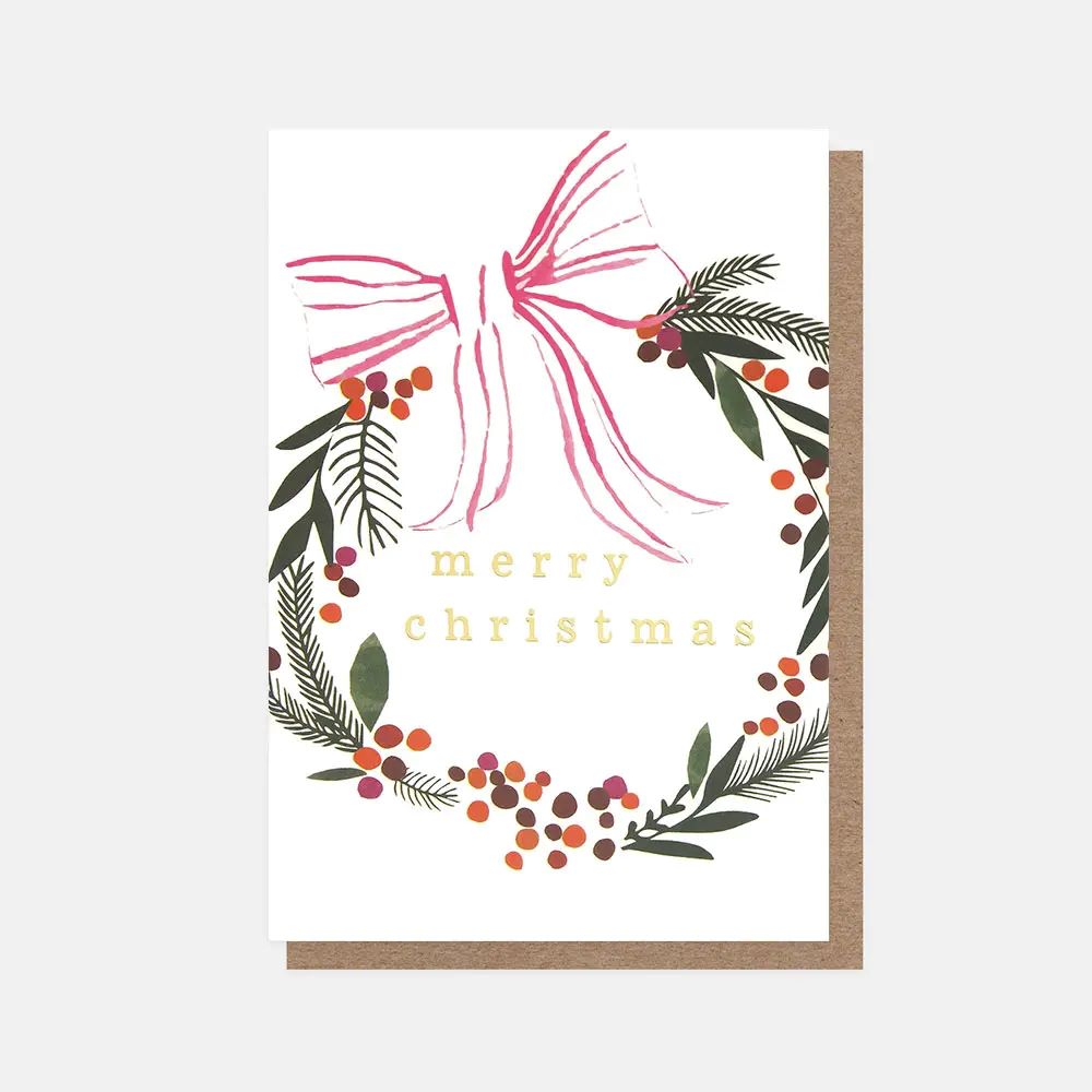PQX205-Caroline G-Merry Christmas Painted Wreath With Bow-Xmas Card Pack-10 Pack Small Cards
