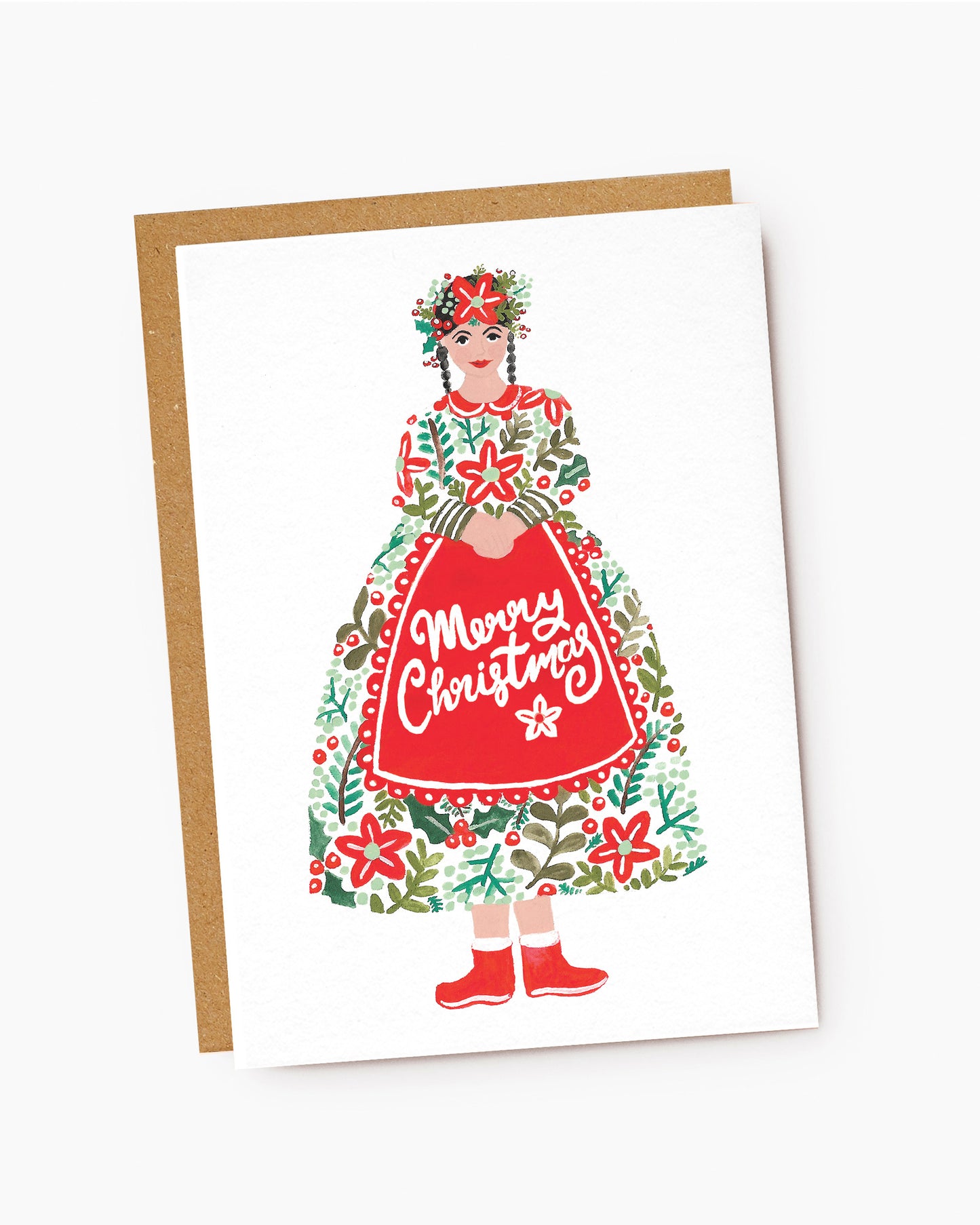 PX033-Jade Fisher-Tove-Merry Christmas Red & Green Folk Lady-Xmas Card-Christmas
