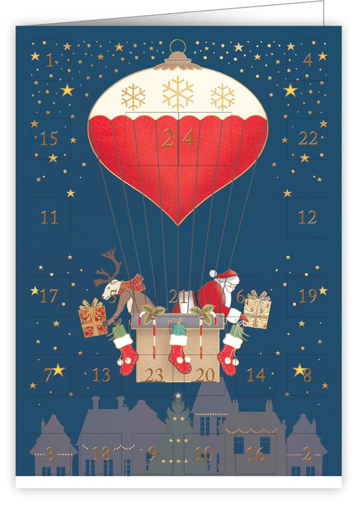 6386-Quire-Santa + Reindeer In Hot Air Ba-Xmas Card-Advent Calendar