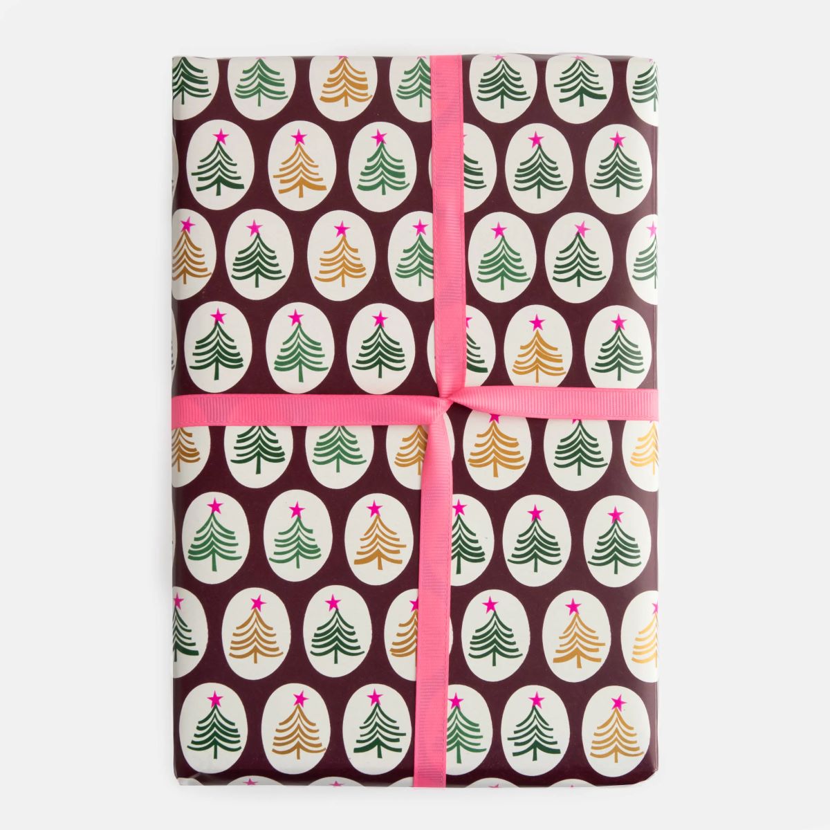 RWX022-Caroline G-Little Trees In Frames Burgundy 5M Roll Wrap-Xmas Roll Wrap-70 Cm X 5 M