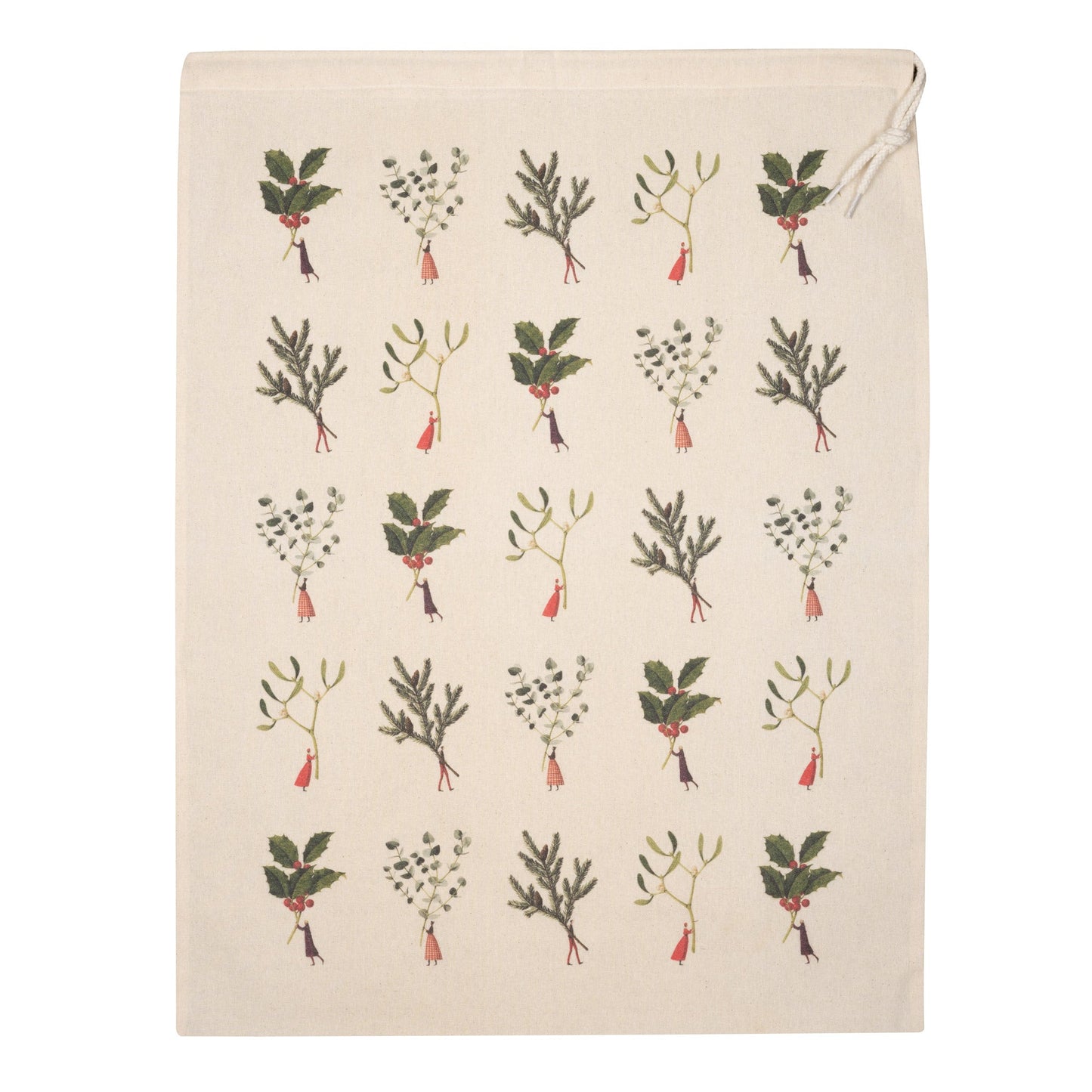 HC042-Laura Stoddart-Holly, Mistletoe, Spruce & Eucalyptus-Xmas Gift Bag-Large Drawstring Bag 45 X 58.5 Cm