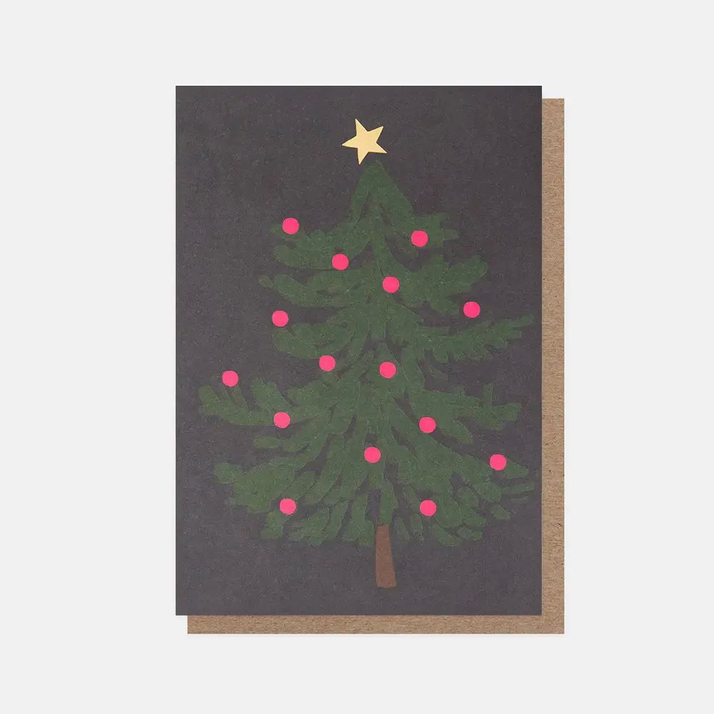 PQX204-Caroline G-Painted Tree With Pink Baubles On Navy-Xmas Card Pack-10 Pack Small Cards