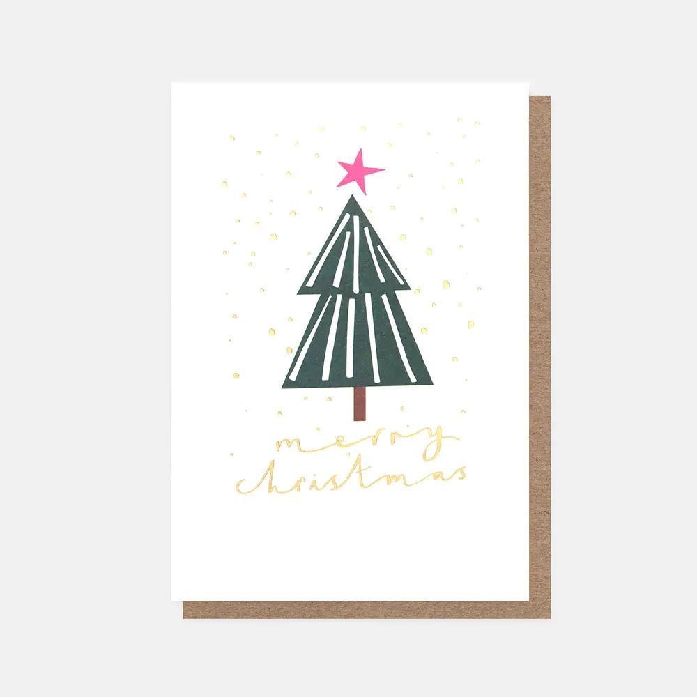 PQX208-Caroline G-Merry Christmas Geometric Tree Gold Snow-Xmas Card Pack-10 Pack Small Cards