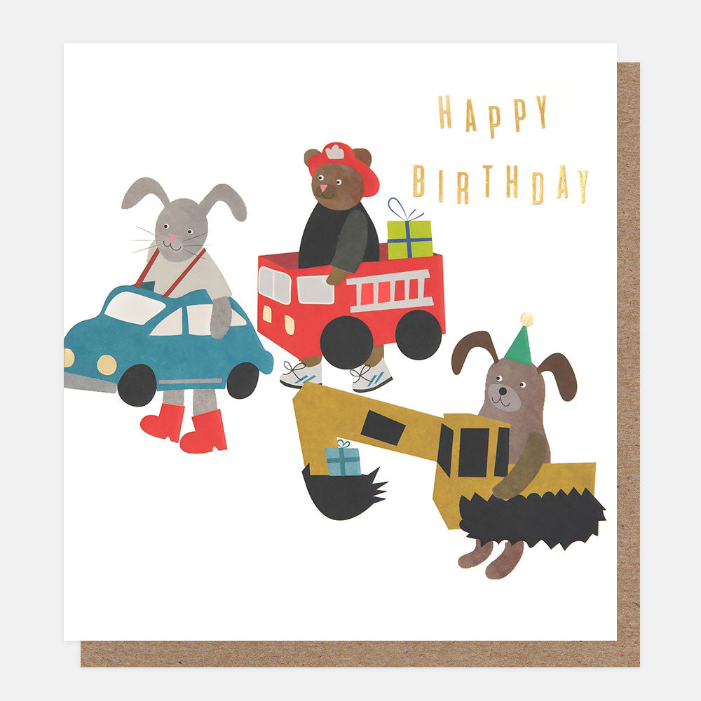 DUB004-Caroline G-Happy Birthday Car Animals-Card-Dressing Up Box