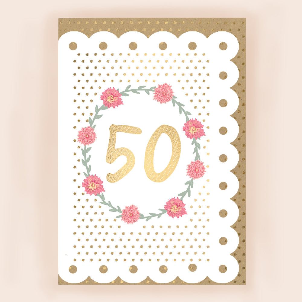 BR010-Apple & Clover-Age 50 Card With Broderie Border-Card-Broderie