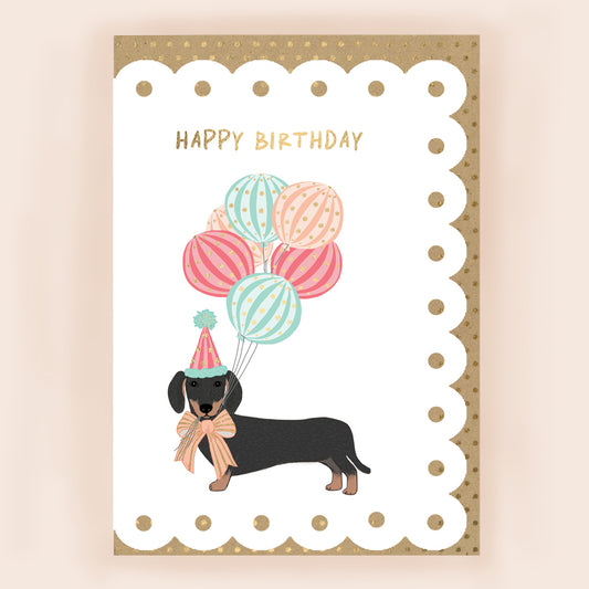 BR017-Apple & Clover-Sausage Dog Birthday Card With Broderie Border-Card-Broderie