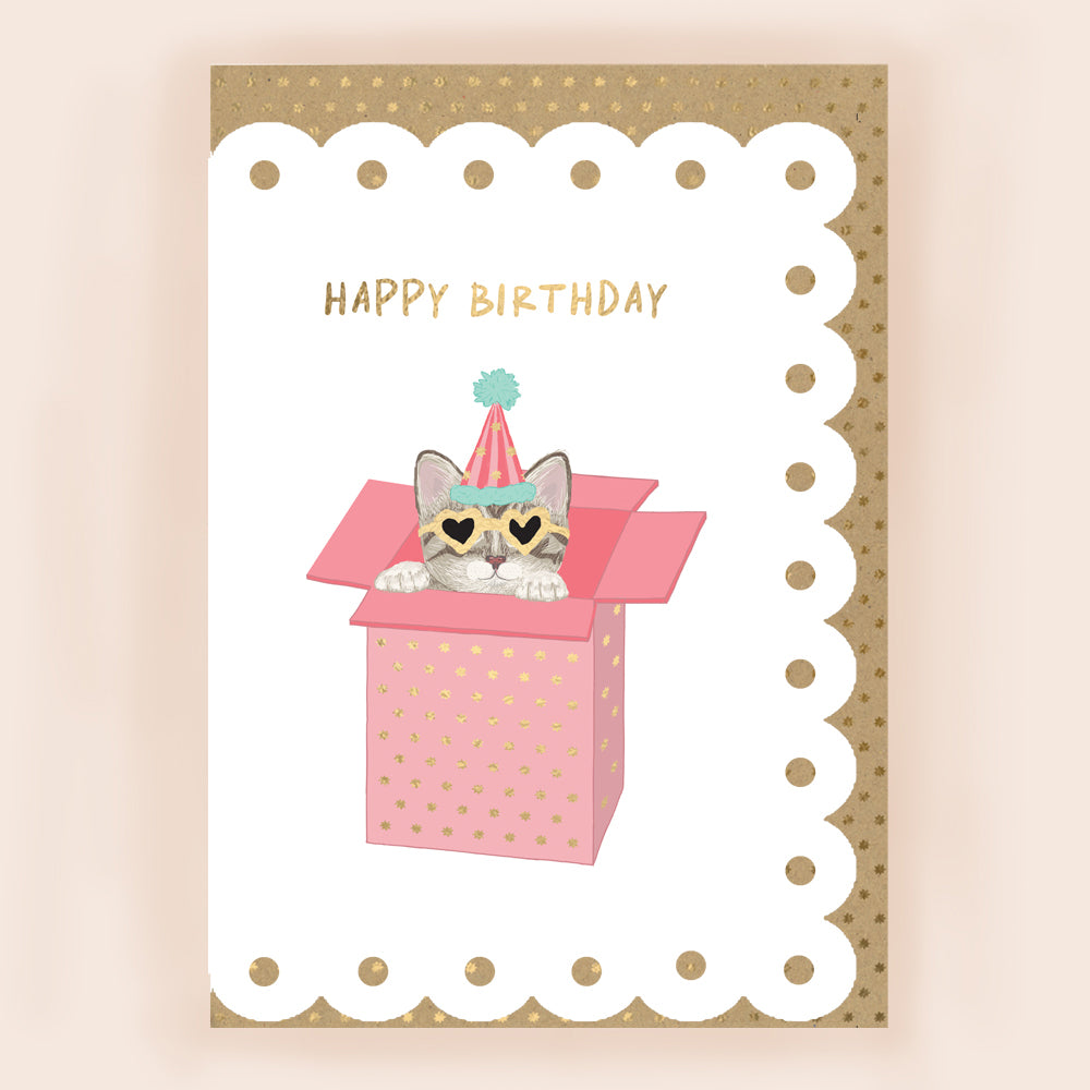 BR018-Apple & Clover-Tabby Cat Birthday Card With Broderie Border-Card-Broderie