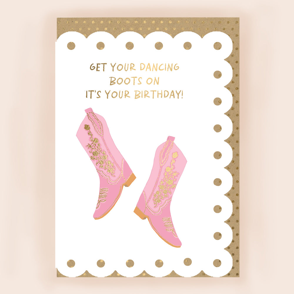 BR024-Apple & Clover-Cowboy Boots Birthday Card With Broderie Border-Card-Broderie