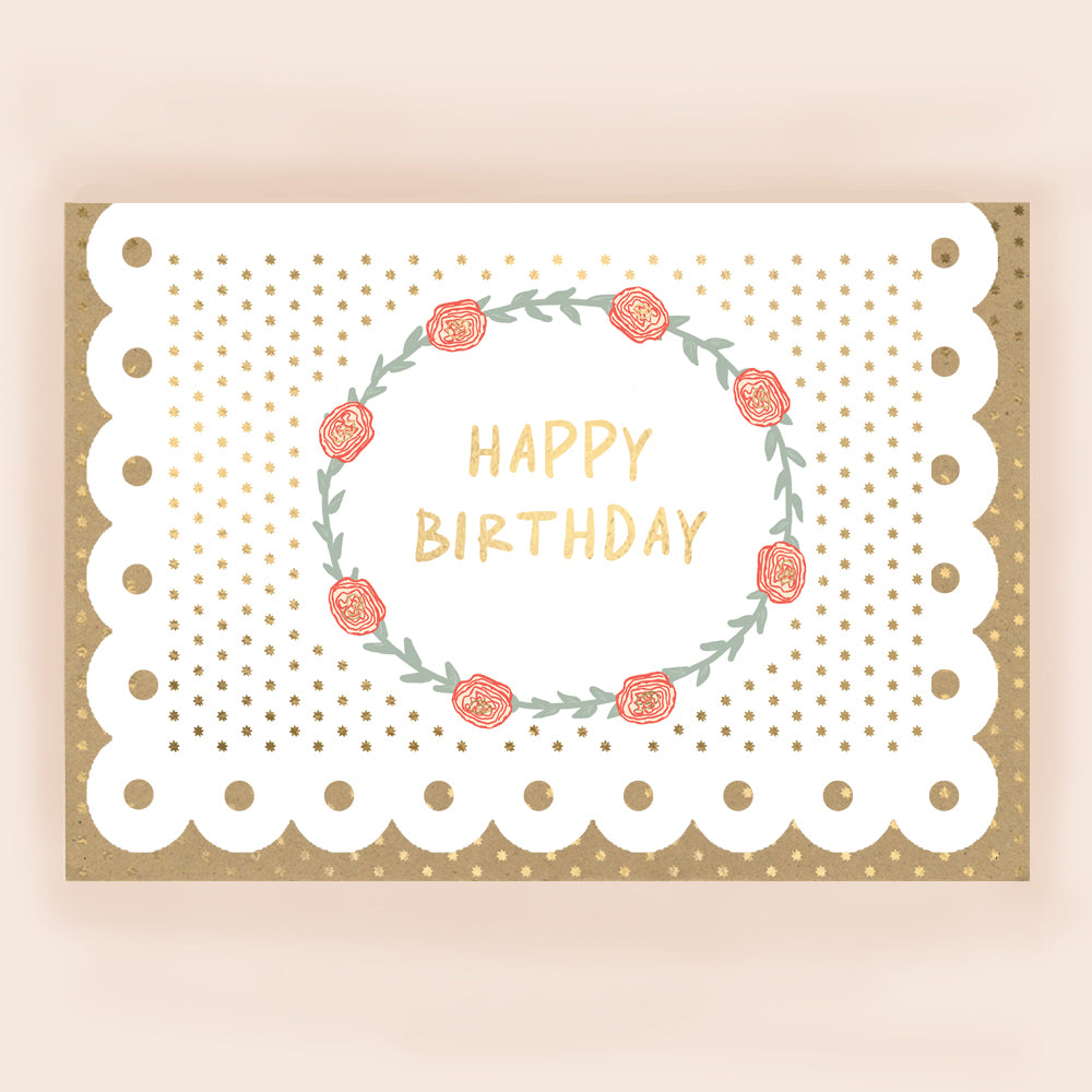 BR029-Apple & Clover-Birthday Card With Floral Wreath And Broderie Border-Card-Broderie