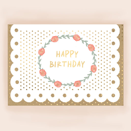 BR029-Apple & Clover-Birthday Card With Floral Wreath And Broderie Border-Card-Broderie