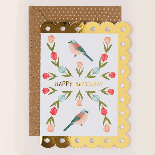 BR071-Apple & Clover-Birthday Card Folk Style With Birds-Card-Broderie