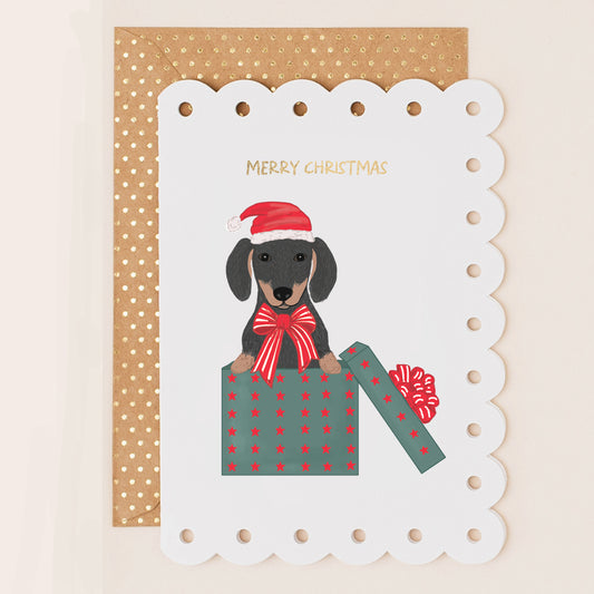 BR086-Apple & Clover-Dog In Box-Xmas Card-Broderie