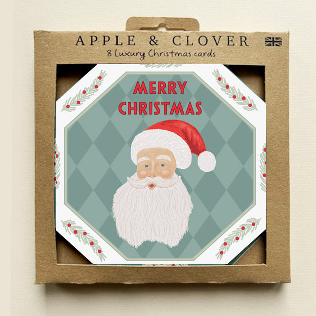 CP005-Apple & Clover-Santa Octagon Shape-Xmas Card Pack-8 Pk Christmas Boxed Cards
