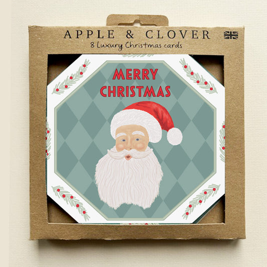 CP005-Apple & Clover-Santa Octagon Shape-Xmas Card Pack-8 Pk Christmas Boxed Cards
