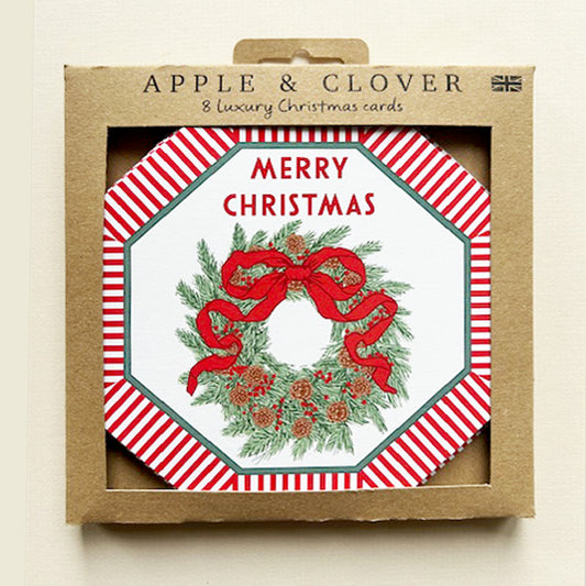 CP006-Apple & Clover-Wreath Octagon Shape-Xmas Card Pack-8 Pk Christmas Boxed Cards