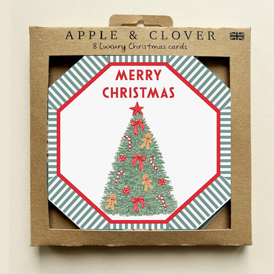 CP007-Apple & Clover-Tree Octagon Shape-Xmas Card Pack-8 Pk Christmas Boxed Cards