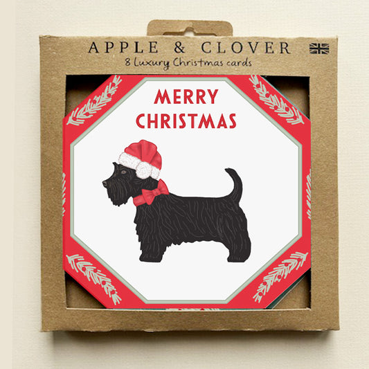 CP008-Apple & Clover-Scottie Dog Ocatgon Shape-Xmas Card Pack-8 Pk Christmas Boxed Cards