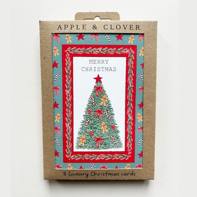 CP009-Apple & Clover-Tree Border-Xmas Card Pack-8 Pk Christmas Boxed Cards