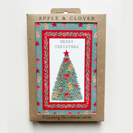 CP009-Apple & Clover-Tree Border-Xmas Card Pack-8 Pk Christmas Boxed Cards