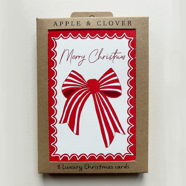 CP010-Apple & Clover-Bow Scalloped Border-Xmas Card Pack-8 Pk Christmas Boxed Cards