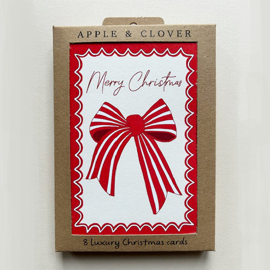 CP010-Apple & Clover-Bow Scalloped Border-Xmas Card Pack-8 Pk Christmas Boxed Cards