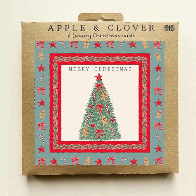 CP012-Apple & Clover-Tree Border Square-Xmas Card Pack-8 Pk Christmas Boxed Cards