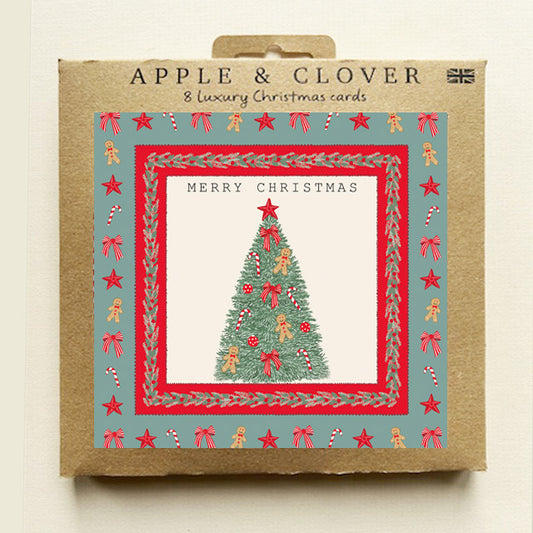 CP012-Apple & Clover-Tree Border Square-Xmas Card Pack-8 Pk Christmas Boxed Cards