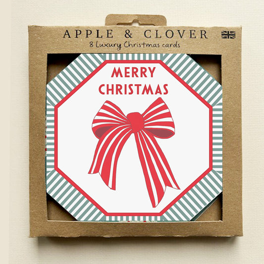 CP015-Apple & Clover-Bow Ocatgon Shape-Xmas Card Pack-8 Pk Christmas Boxed Cards