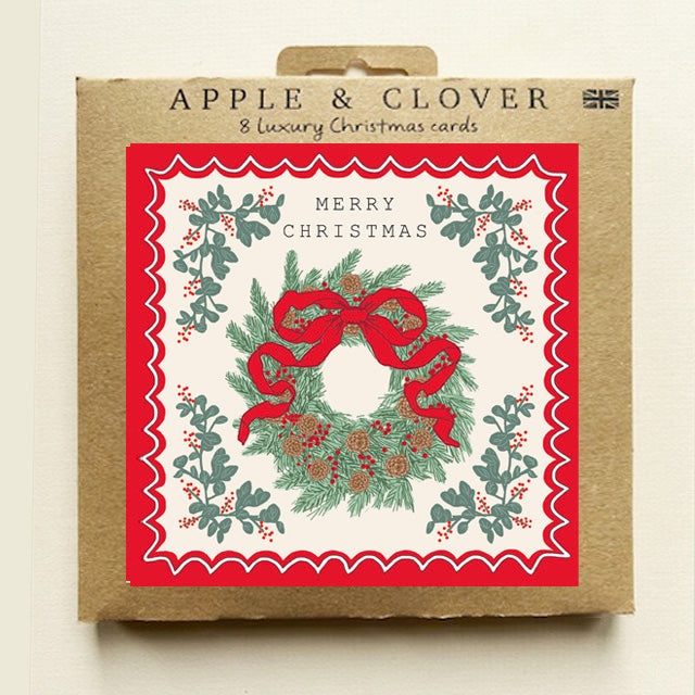 CP019-Apple & Clover-Wreath Scalloped Border-Xmas Card Pack-8 Pk Christmas Boxed Cards